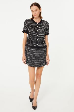 Satin Collar Short Sleeve Mini Boucle Dress