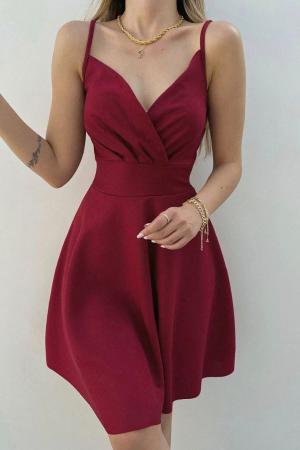 Crepe Fabric Burgundy Thin Strap Flared Dress