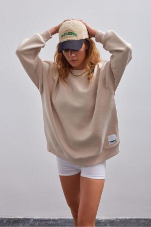 Women's Beige Basic Crew Neck Polar Fleece Oversize Sweatshirt