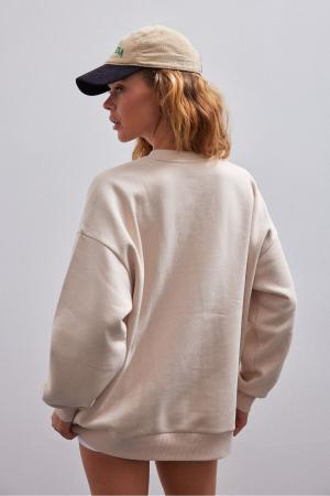 Women's Beige Basic Crew Neck Polar Fleece Oversize Sweatshirt