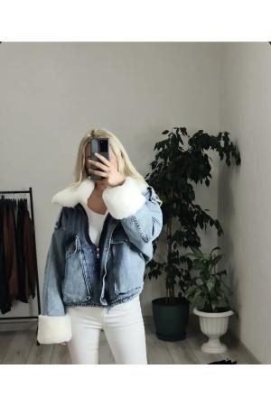 Blue Denim Coat with Fur