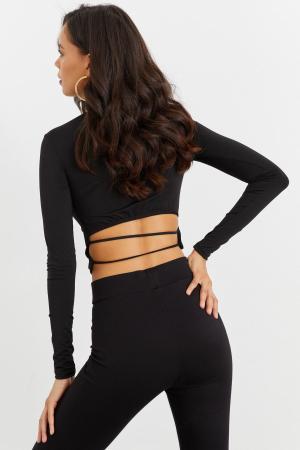 Women's Black Waist Open Crop Blouse