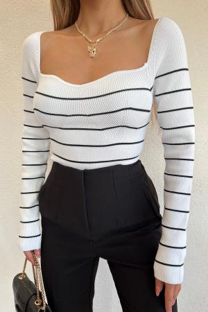 Black and white striped knitted blouse