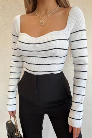 Black and white striped knitted blouse