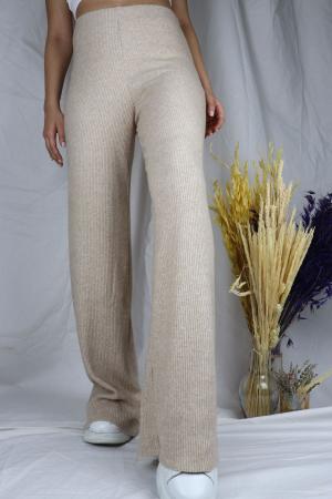 Women's Natural Beige Ribbed Knit Trousers