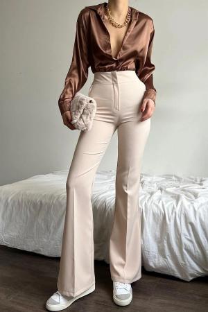 Beige wide leg fabric pants