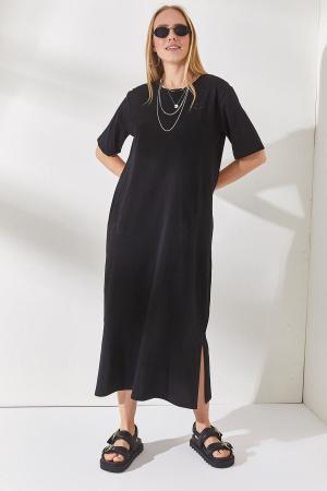 Women's Black Side Slit Oversize Cotton Dress