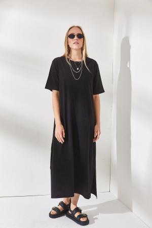 Women's Black Side Slit Oversize Cotton Dress