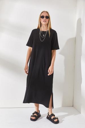 Women's Black Side Slit Oversize Cotton Dress