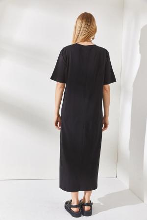 Women's Black Side Slit Oversize Cotton Dress