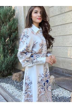 Women's White Floral Patterned Cotton Dress Long