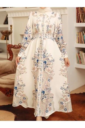 Women's White Floral Patterned Cotton Dress Long