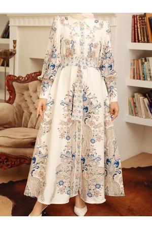 Women's White Floral Patterned Cotton Dress Long