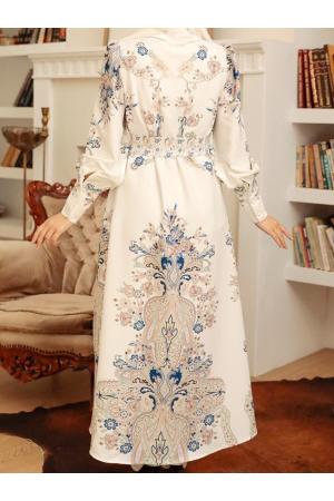 Women's White Floral Patterned Cotton Dress Long