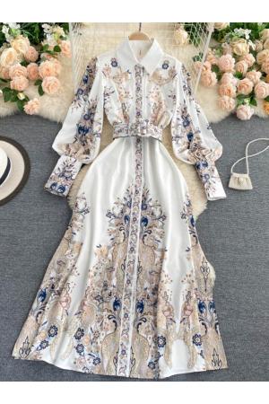 Women's White Floral Patterned Cotton Dress Long