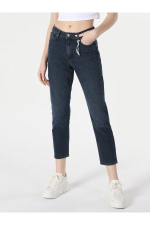 Women's Dark Blue Mid Waist Trousers