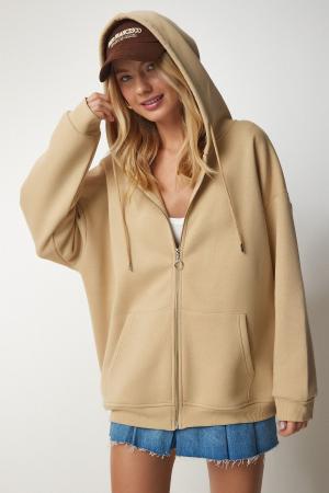 Women's Camel Hooded Zipper Oversize Sweatshirt