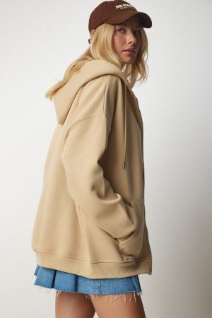 Women's Camel Hooded Zipper Oversize Sweatshirt