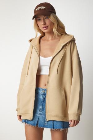 Women's Camel Hooded Zipper Oversize Sweatshirt