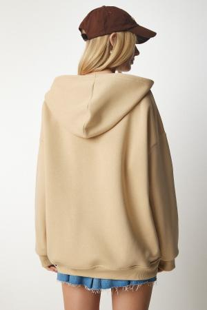 Women's Camel Hooded Zipper Oversize Sweatshirt