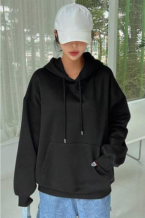 Women's Black Plain Hooded Oversize Sweatshirt