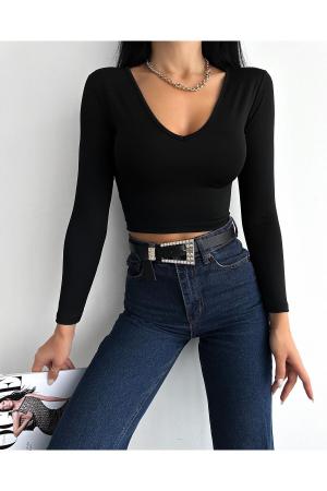 Black Women's Long V Neck Crop