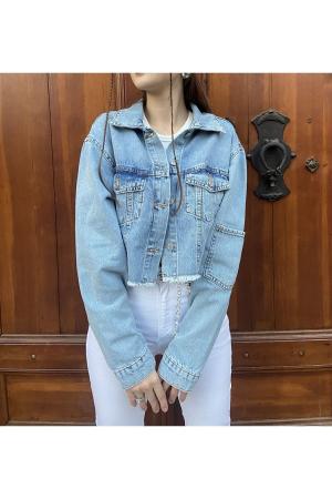 Light Blue Tassel Hem Crop Denim Jacket