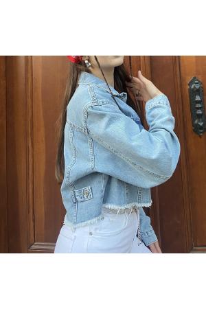 Light Blue Tassel Hem Crop Denim Jacket