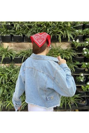 Light Blue Tassel Hem Crop Denim Jacket