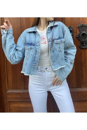 Light Blue Tassel Hem Crop Denim Jacket