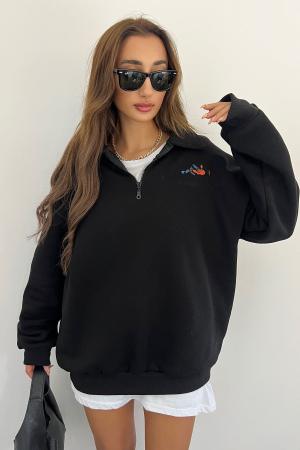 Unisex Black Polo Collar Oversize Sweatshirt