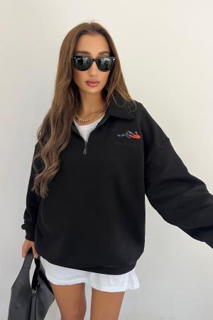 Unisex Black Polo Collar Oversize Sweatshirt