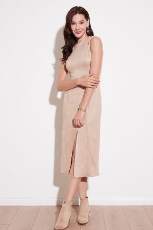 Fitted Slit Woven Suede Midi Dress DRESS