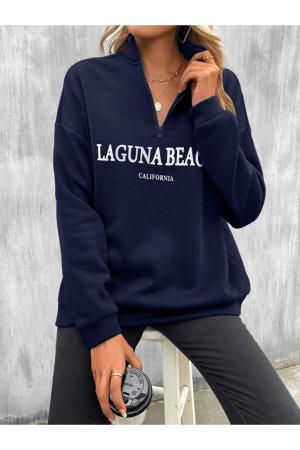 Women's Navy Blue Half Zipper Laguna Beach Printed Stand Collar Sweatshirt