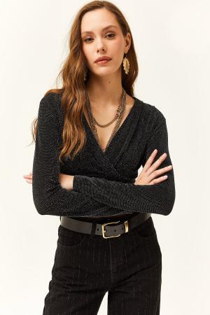 Women's Black Glitter Crop Blouse