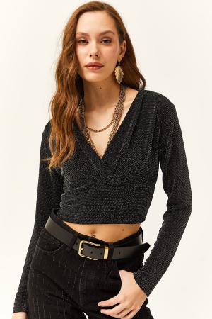 Women's Black Glitter Crop Blouse