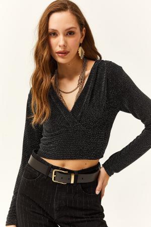 Women's Black Glitter Crop Blouse