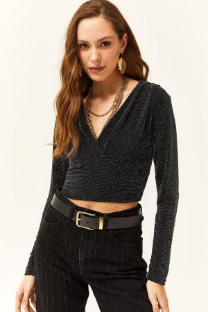 Women's Black Glitter Crop Blouse