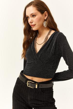 Women's Black Glitter Crop Blouse