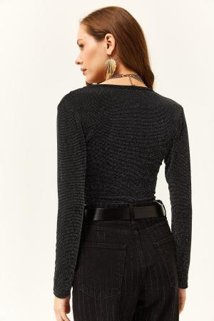 Women's Black Glitter Crop Blouse