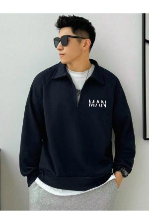 Blue Stand Collar  Pullover Sweatshirt