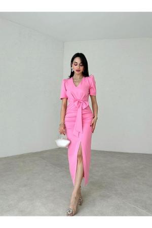 Pink Bow Detailed Slit Dress