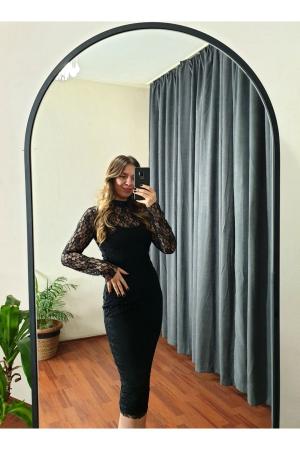 Women's Black Lace Lined High Neck Midi Dress