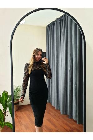 Women's Black Lace Lined High Neck Midi Dress