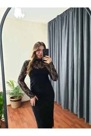 Women's Black Lace Lined High Neck Midi Dress