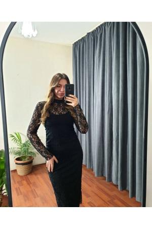 Women's Black Lace Lined High Neck Midi Dress