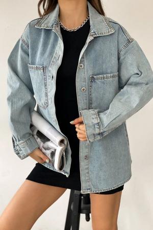 Women's Blue Double Pocket Washed Denim Shirt Jacket