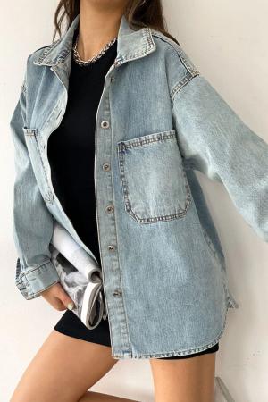 Women's Blue Double Pocket Washed Denim Shirt Jacket