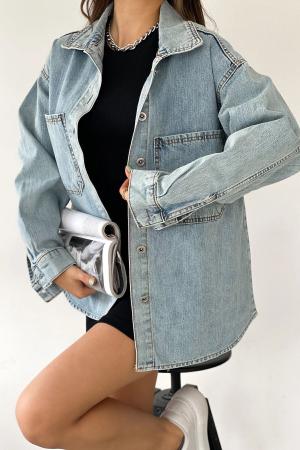 Women's Blue Double Pocket Washed Denim Shirt Jacket