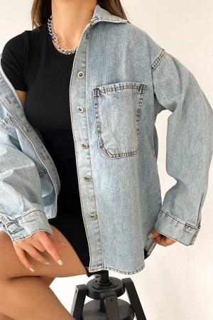 Women's Blue Double Pocket Washed Denim Shirt Jacket